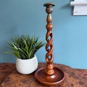 Vintage Wood Open Barley Twist Candle Holder Candlestick w Brass Top 15" 1990
